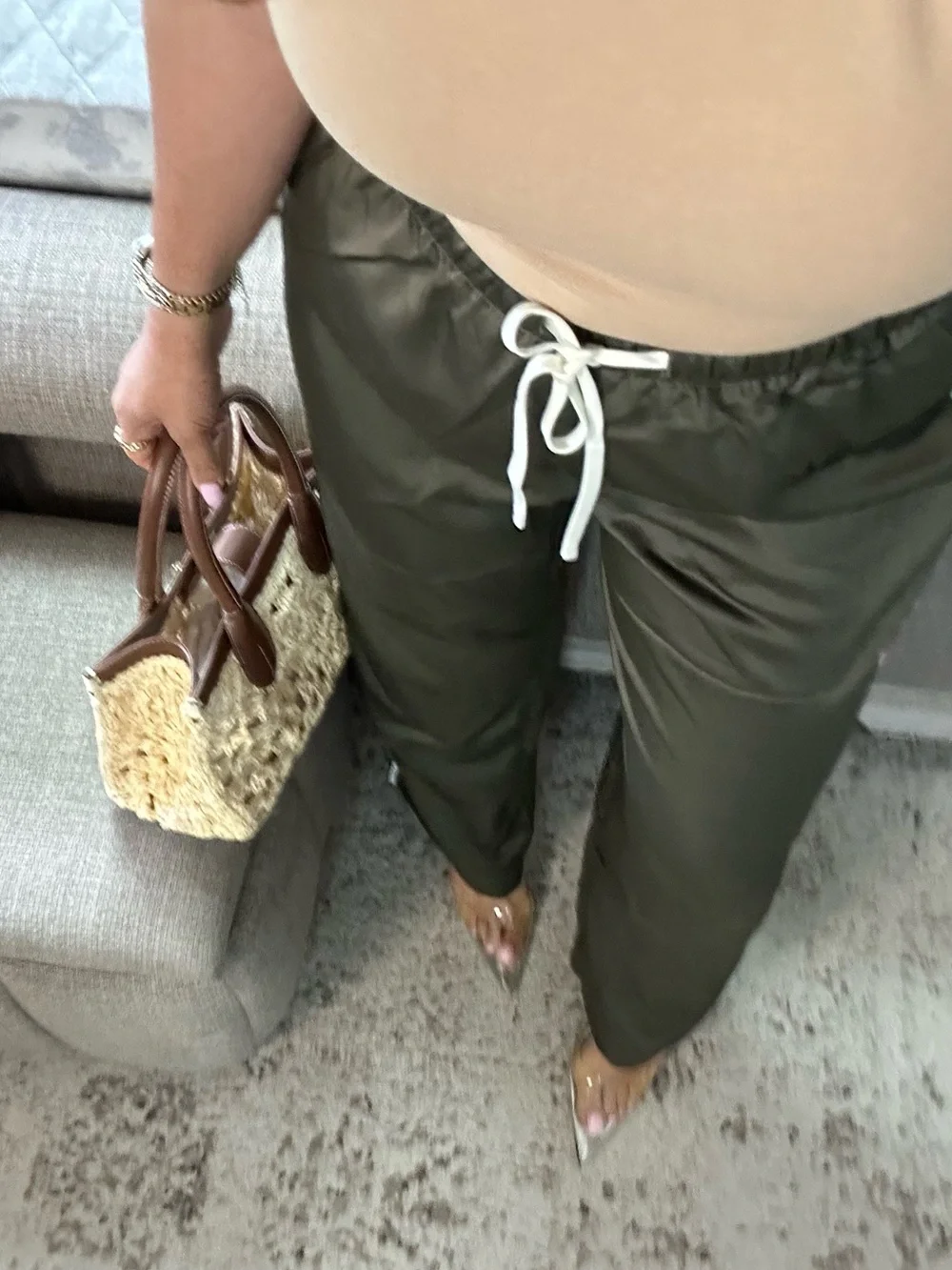 New🍂 🫒 Sporty Luxe Olive Satin Wide-Leg Pants